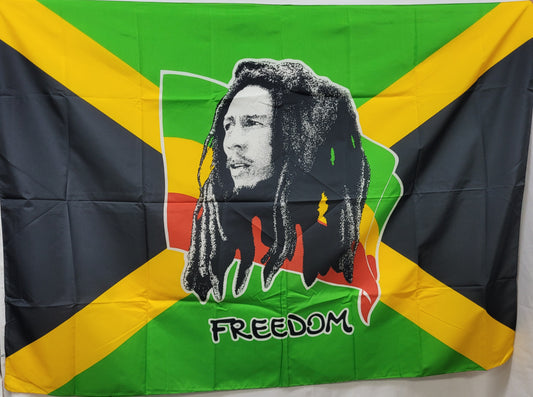 Bandiera giamaicana con la faccia di Bob Marley